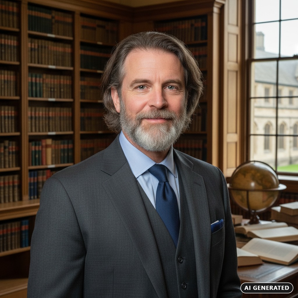 AI Generated: A middle-aged man with a beard wearing a dark suit and blue tie stands in a library with bookshelves and a globe in the background.