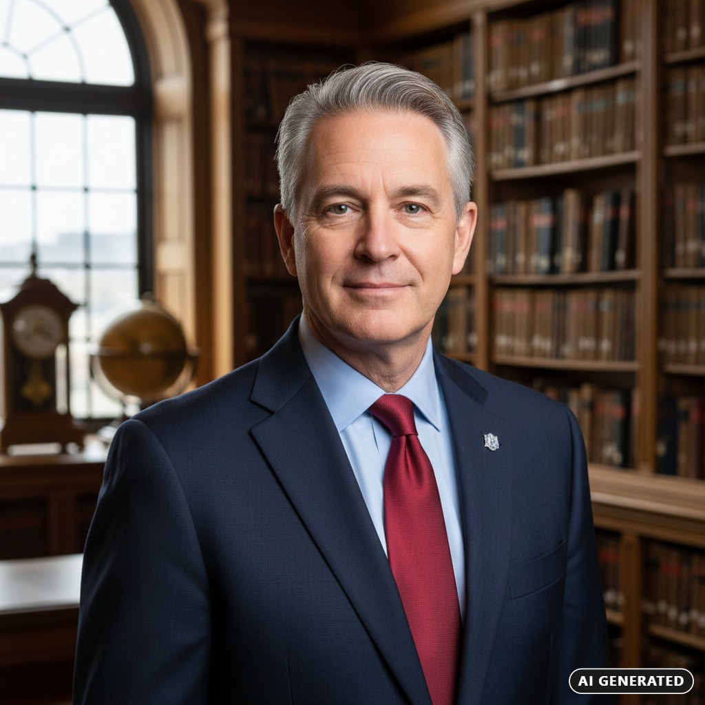 AI Generated: A middle-aged man with gray hair wears a navy blue suit and a red tie while standing in a library.