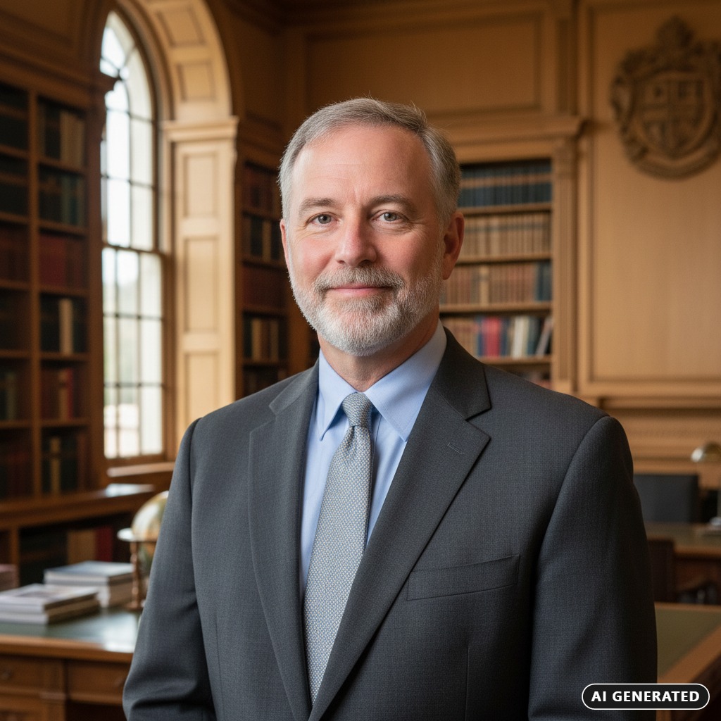 AI Generated: A middle-aged man with gray hair and a beard wearing a suit and tie stands in a wood-paneled library.
